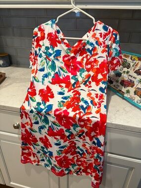 Floral V-Neck Midi Dress in White with Red & Teal Print